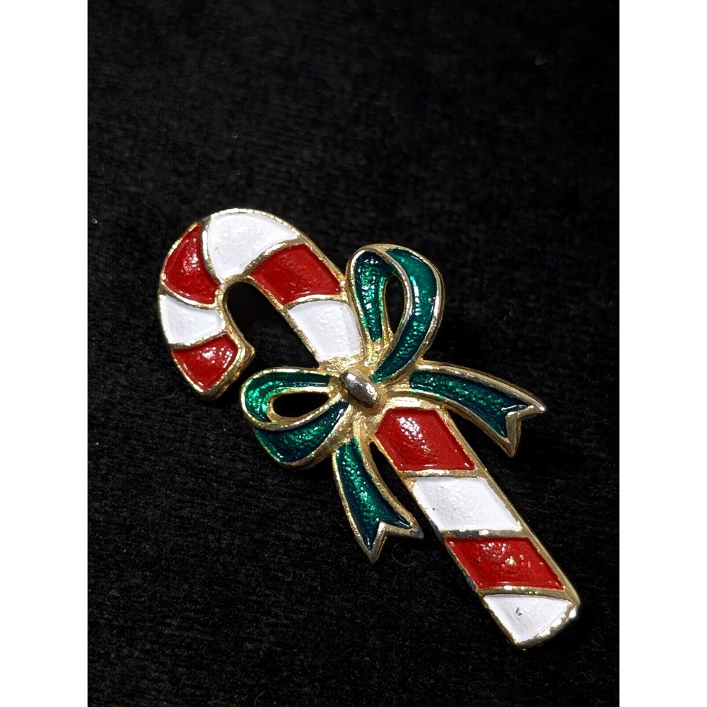 Vintage Christmas Candy Cane‎ Red White Enamel Green Bow Pin Brooch